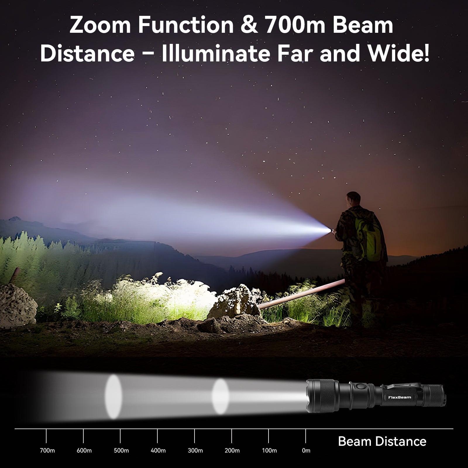 FlexBeam 1200LM Zoom Hunting Flashlight 700M Range