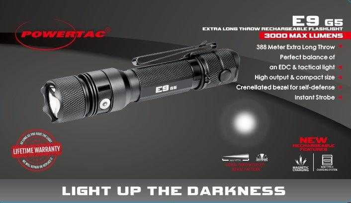 E9 GEN5 Long Throw- 3,000 Lumen  388 Meter  Tactical EDC Flashlight Powertac